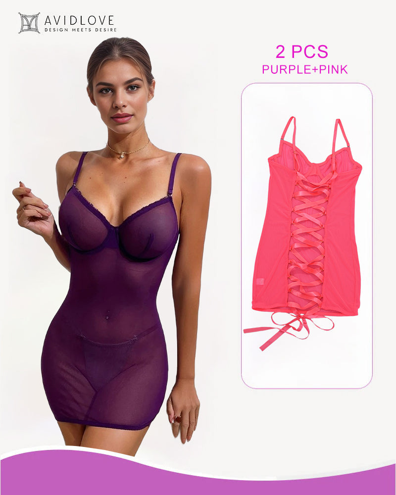2 Packs Backless Lace-Up Mini Dresses Pink+Purple Avidlove-Chemises - Tophatter Daily Deals