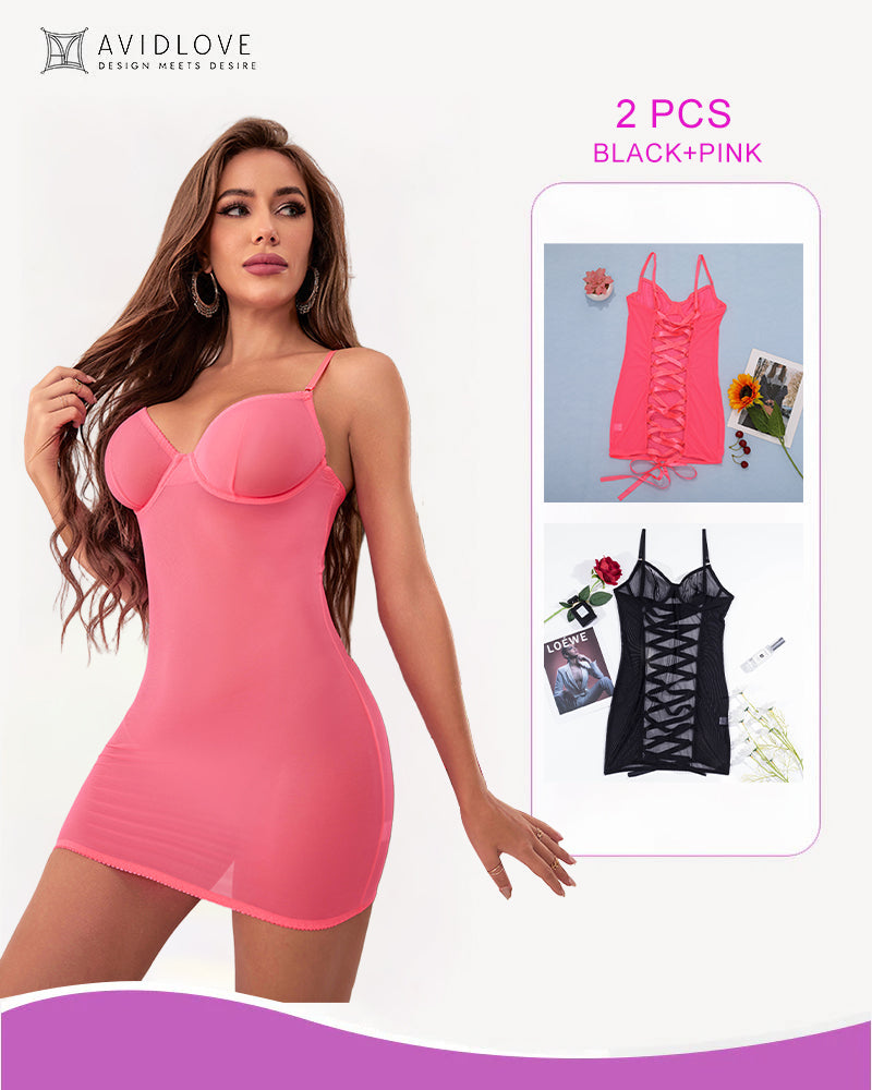 2 Packs Backless Lace-Up Mini Dresses Black+Pink Avidlove-Chemises - Tophatter Daily Deals