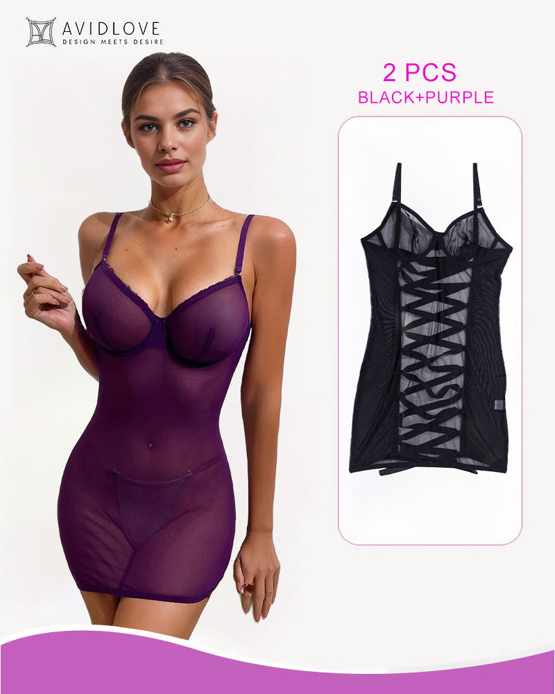 2 Packs Backless Lace-Up Mini Dresses Black+Purple Avidlove-Chemises - Tophatter Daily Deals