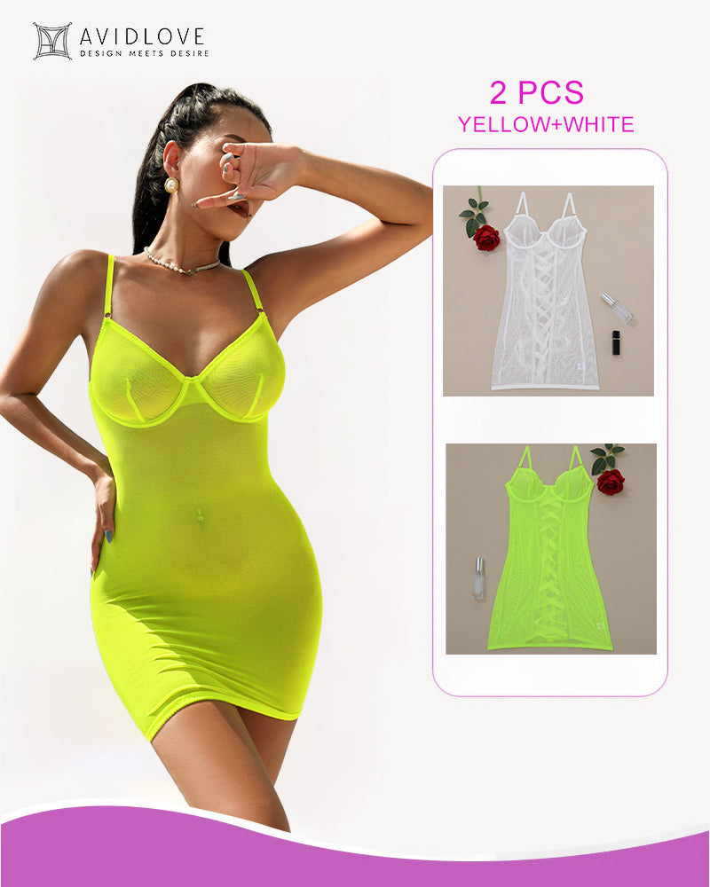 2 Packs Backless Lace-Up Mini Dresses White+Yellow Avidlove-Chemises - Tophatter Daily Deals