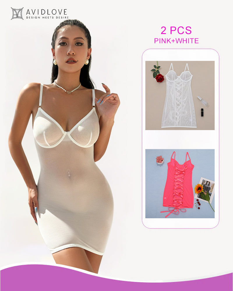 2 Packs Backless Lace-Up Mini Dresses White+Pink Avidlove-Chemises - Tophatter Daily Deals