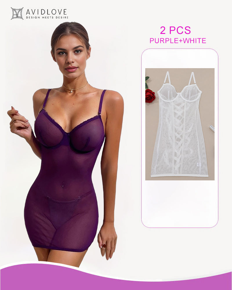 2 Packs Backless Lace-Up Mini Dresses White+Purple Avidlove-Chemises - Tophatter Daily Deals