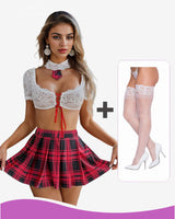Plaid Scholastic Skirt Maid Lingerie Set Red+Stockings Avidlove-Skirt Set - Tophatter Daily Deals
