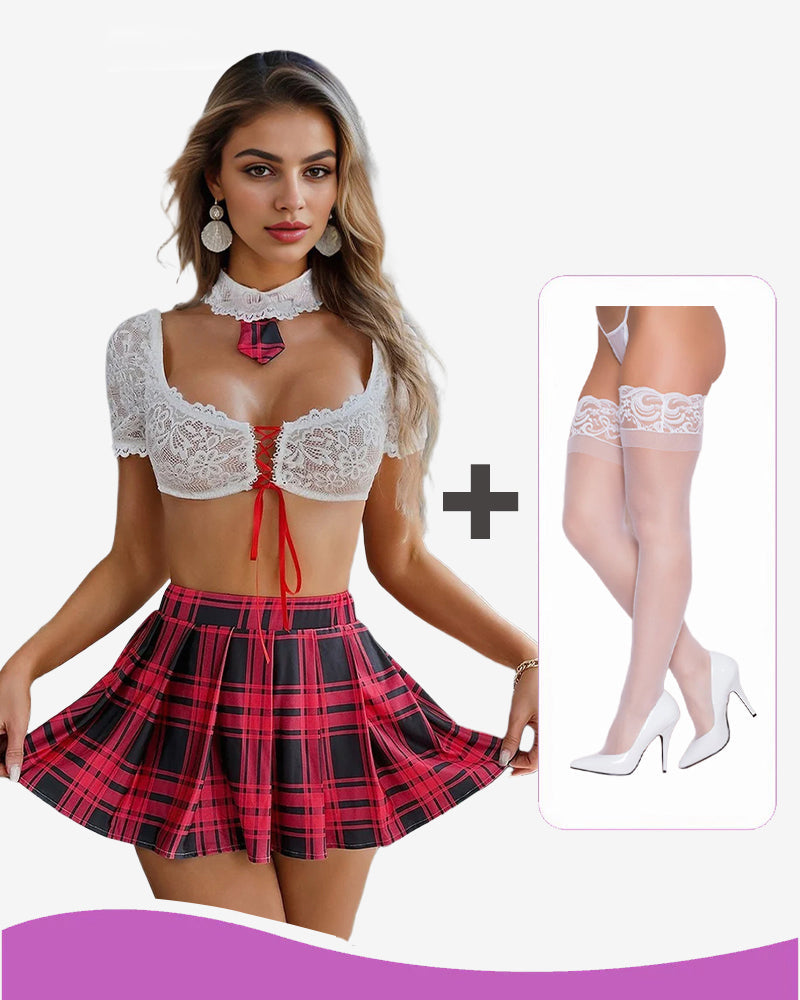 Plaid Scholastic Skirt Maid Lingerie Set Red+Stockings Avidlove-Skirt Set - Tophatter Daily Deals