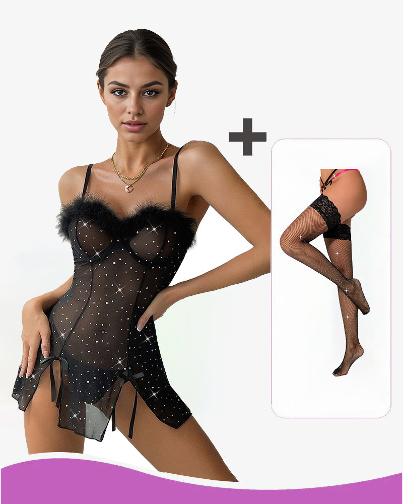 Diamond See-Through Elastic Slit Dress Set Black+stockings Avidlove-Chemises - Tophatter Daily Deals
