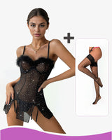 Diamond See-Through Elastic Slit Dress Set Black+stockings Avidlove-Chemises - Tophatter Daily Deals
