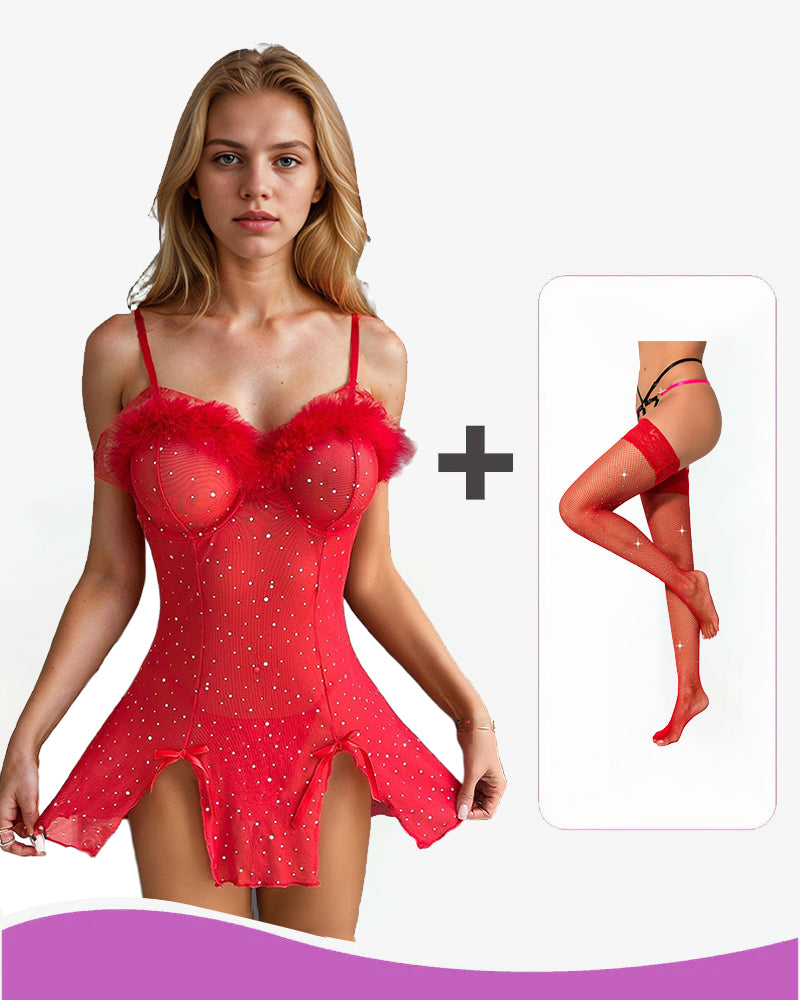 Diamond See-Through Elastic Slit Dress Set Red+stockings Avidlove-Chemises - Tophatter Daily Deals