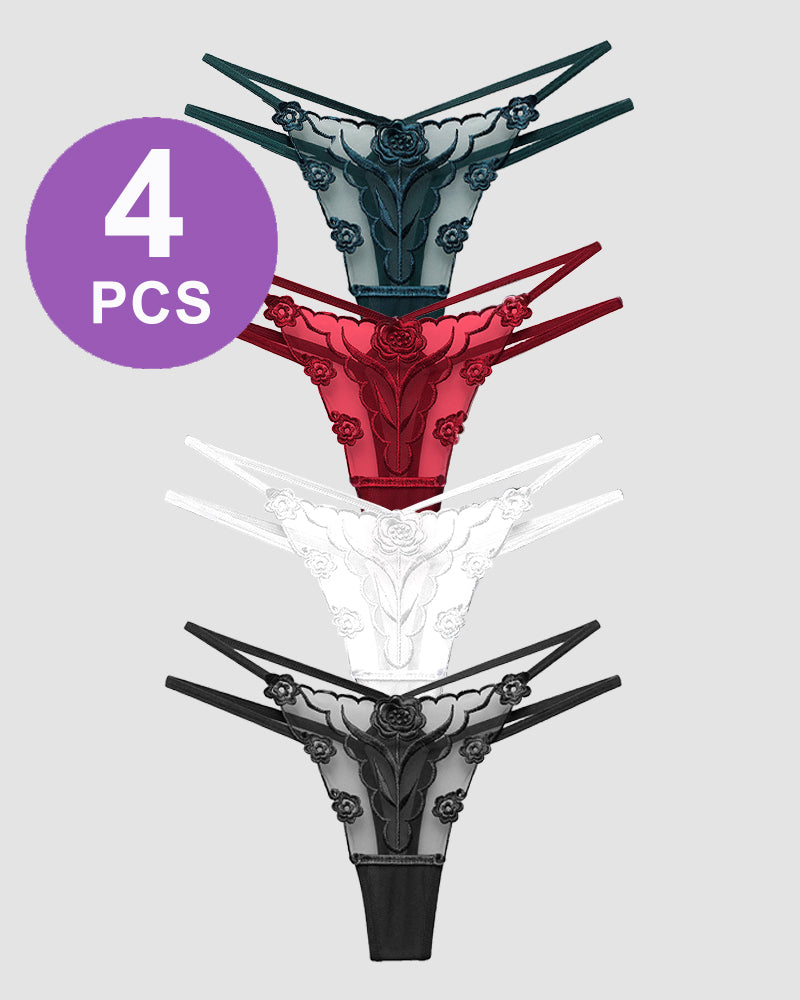 Rose Embroidery Thong Mesh Panties Black+Dark Green+White+Burgundy Avidlove-Panty - Tophatter Daily Deals