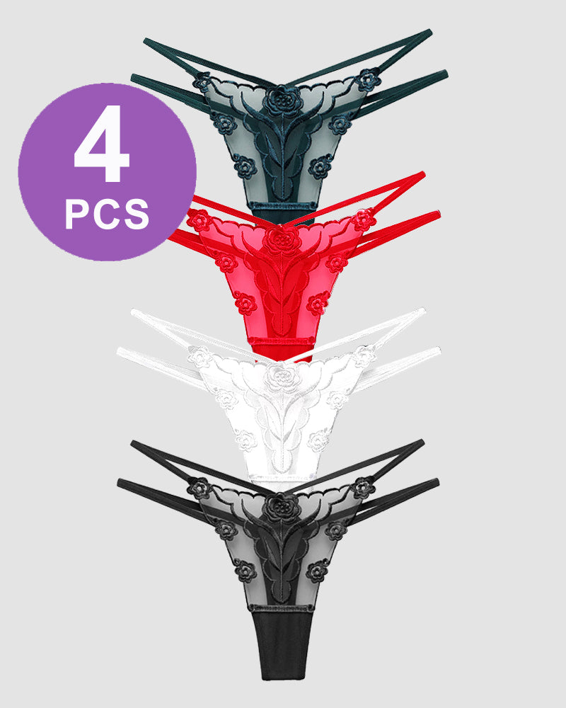 Rose Embroidery Thong Mesh Panties Black+Dark Green+White+Red Avidlove-Panty - Tophatter Daily Deals