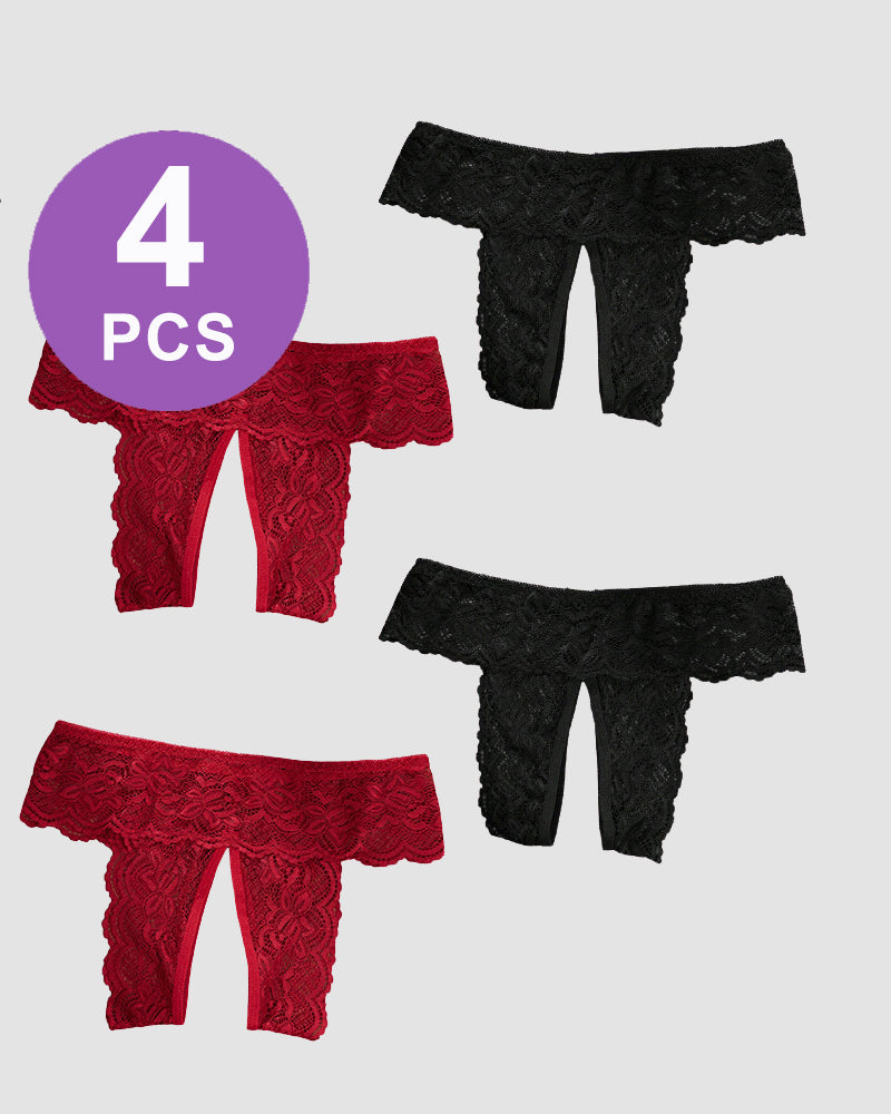 Plus Size Open Crotch Lace Panties Black*2+Burgundy*2 Avidlove-Panty - Tophatter Daily Deals