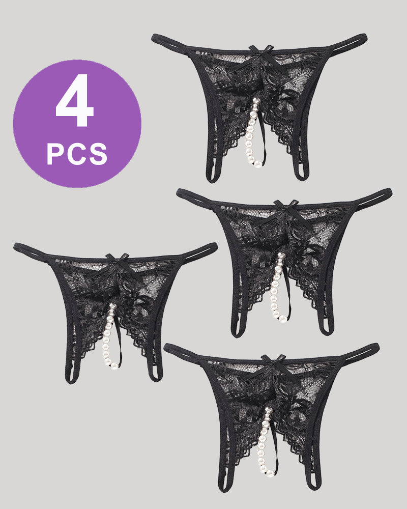 Lace Pearl G-String Low Rise T-Back Thongs Panty Set Black*4 Avidlove-Panty - Tophatter Daily Deals