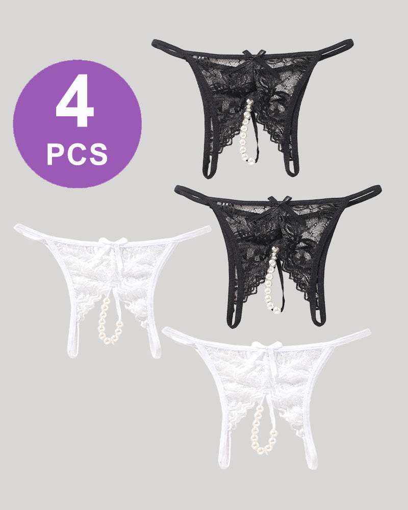 Lace Pearl G-String Low Rise T-Back Thongs Panty Set Black*2+White*2 Avidlove-Panty - Tophatter Daily Deals