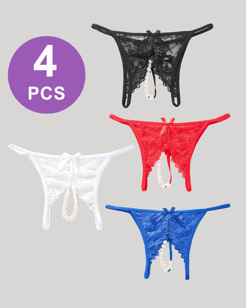 Lace Pearl G-String Low Rise T-Back Thongs Panty Set Black+White+Blue+Red Avidlove-Panty - Tophatter Daily Deals
