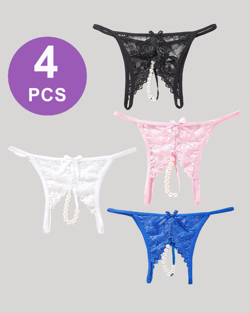 Lace Pearl G-String Low Rise T-Back Thongs Panty Set Black+Pink+Blue+White Avidlove-Panty - Tophatter Daily Deals