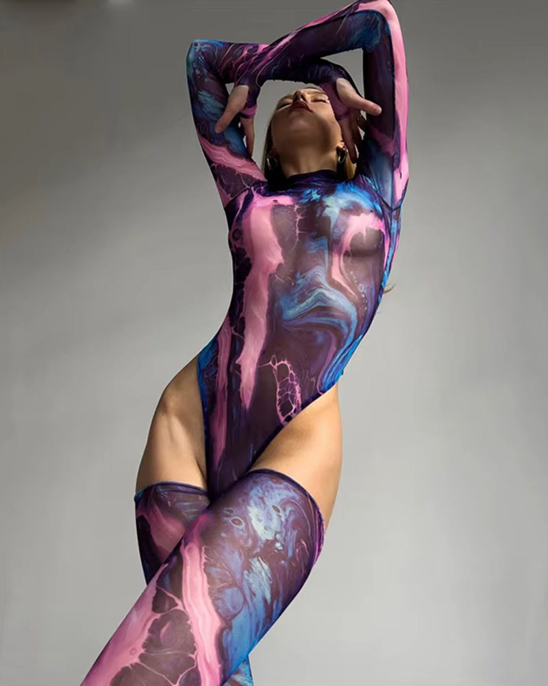 ⚡Flash Sale-Tie-Dye Long Sleeve Sheer Bodysuit Purple+Stockings Avidlove-Bodysuits - Tophatter Daily Deals