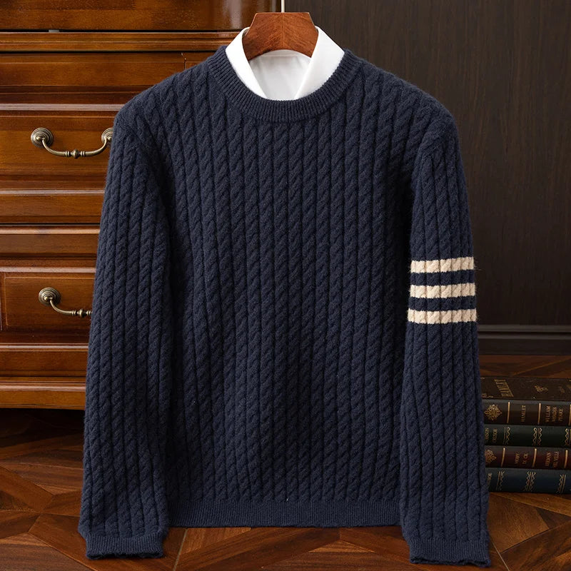 Warm Men's Cable Knit Sweater - Crewneck, Wool Blend, Casual Blue - Tophatter Daily Deals