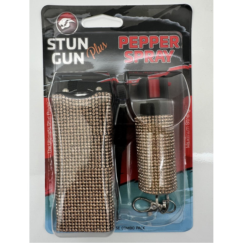 Gold Rhinestones Mini Stun Gun and Pepper Spray Combo for Self Defense - TOPHATTER'S ARMORY DEALS Collectible Weapons - Tophatter Daily Deals