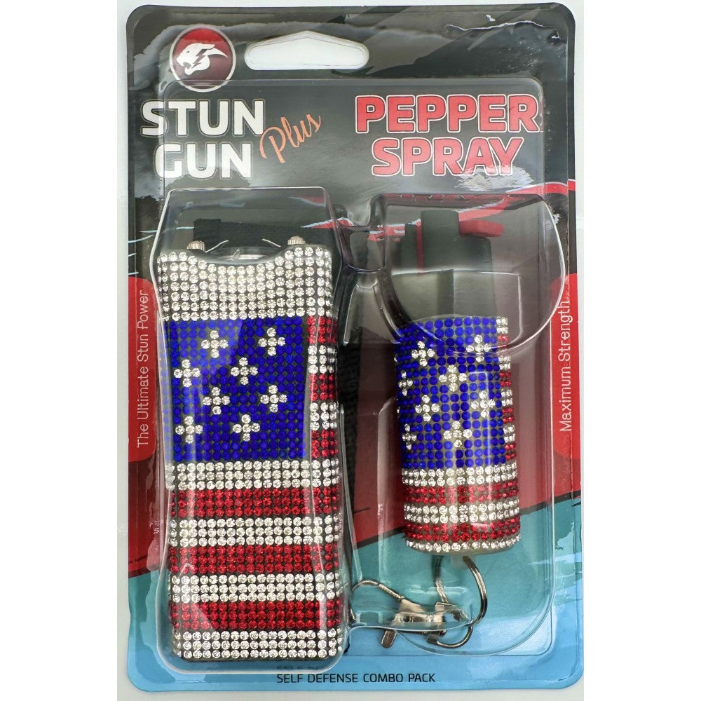 USA Flag Rhinestones Mini Stun Gun and Pepper Spray Combo for Self Defense - TOPHATTER'S ARMORY DEALS Collectible Weapons - Tophatter Daily Deals