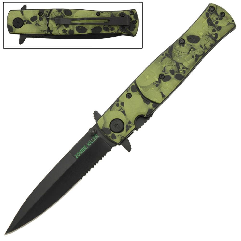 Skull Design Handle Stiletto Style Spring Assist Pocket Knife - Tophatter's Guns'N'Weapons Store Collectible Weapons - Tophatter Daily Deals
