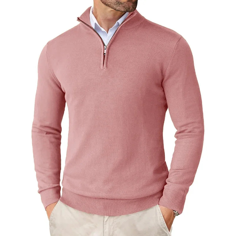 Lightweight Classic Men’s Knit Sweater - Zip Collar, Cotton Pink - Tophatter Daily Deals