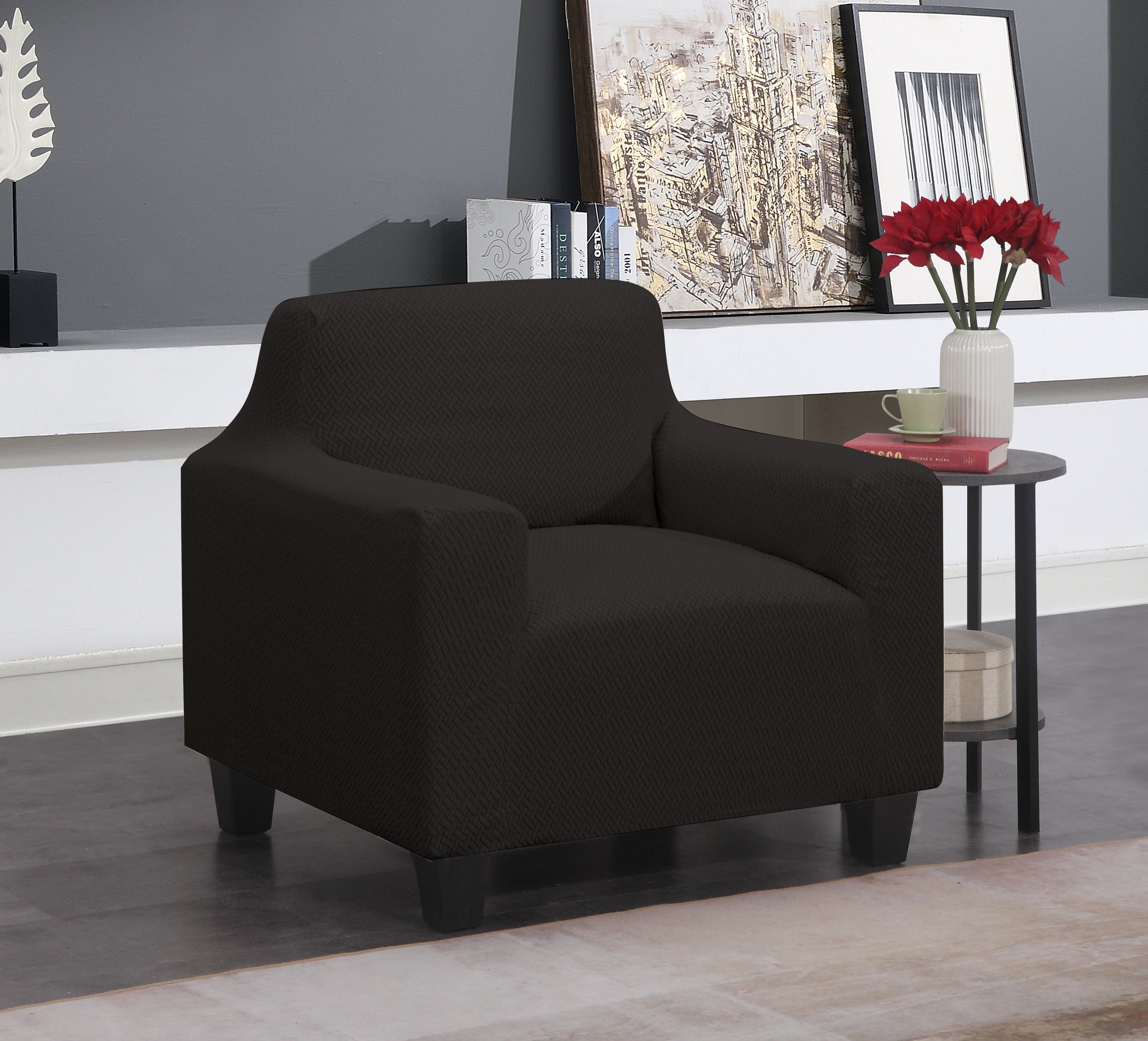 J&V Textiles Super Stretch Couch Slip Cover - Sofa, Love Seat and Chair Sizes Black Chair Slip Covers - Tophatter Daily Deals