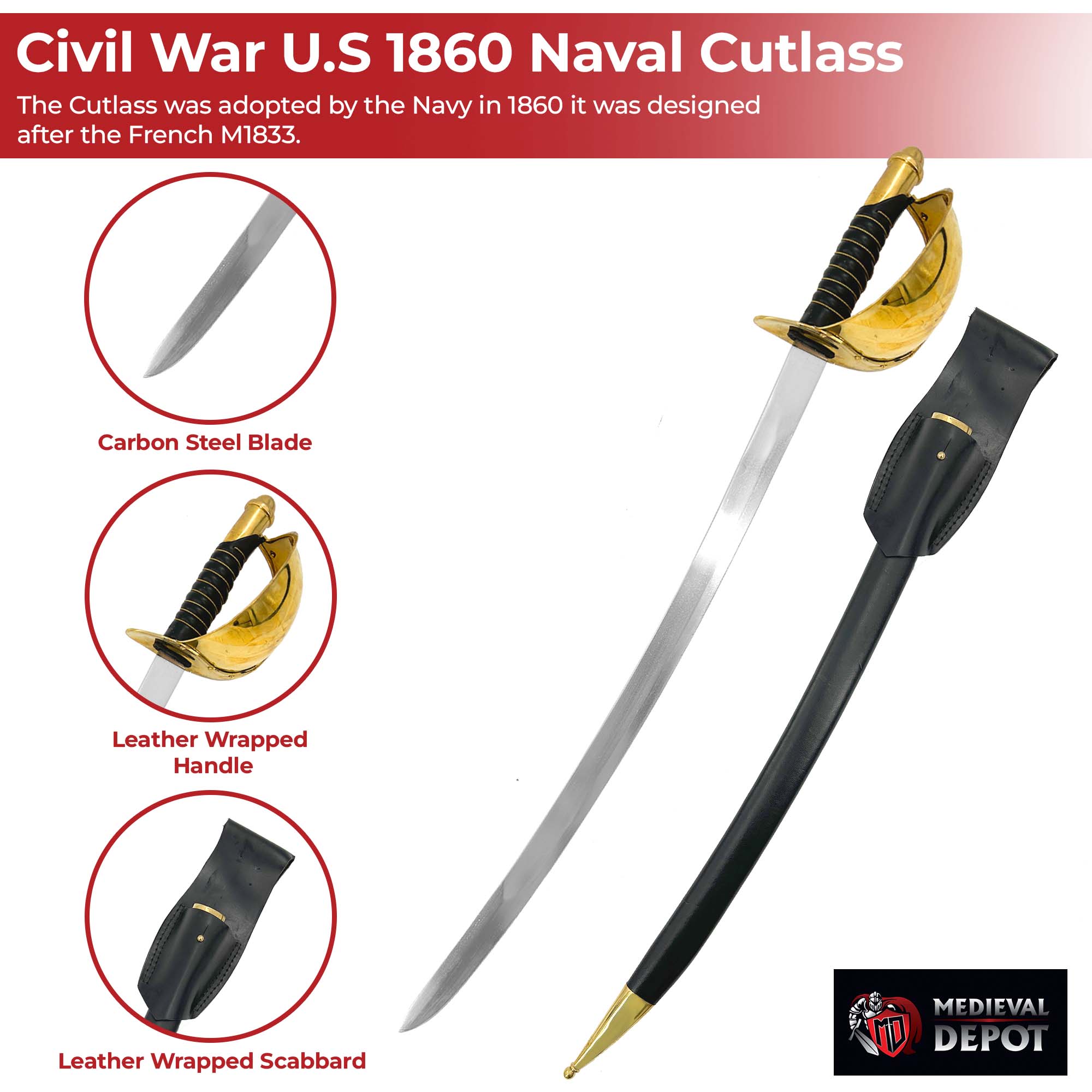 Civil War U.S 1860 Naval Cutlass Reproduction Swords - Tophatter Daily Deals