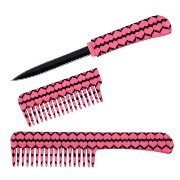 Self Defense Brush Comb With Hidden Knife - Pink Hearts - Tophatter's Guns'N'Weapons Store Collectible Weapons - Tophatter Daily Deals