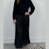 Soft Flowy Women’s Sweater Skirt Set - Pleated Maxi, Satin Black - Tophatter Daily Deals