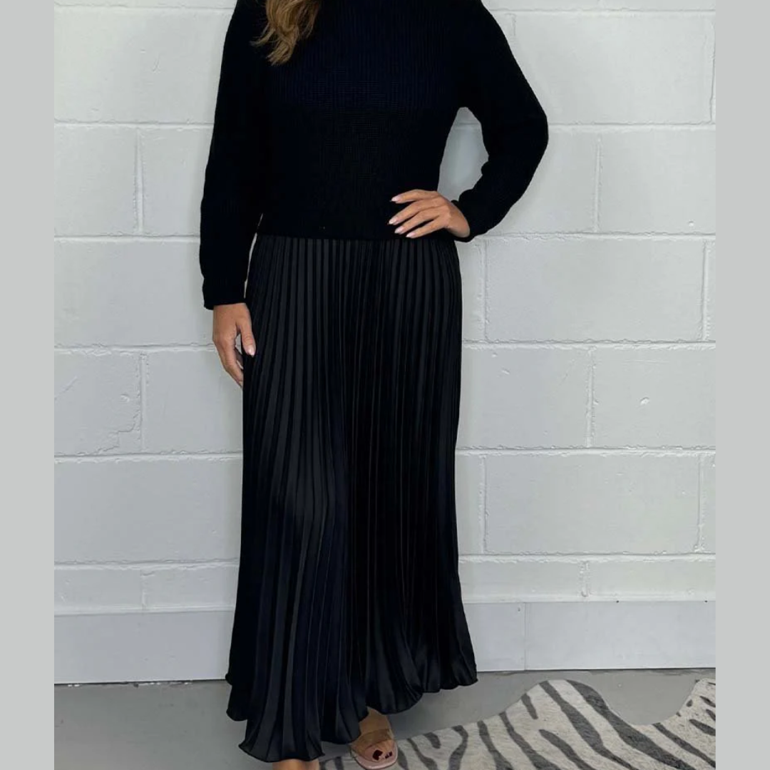 Soft Flowy Women’s Sweater Skirt Set - Pleated Maxi, Satin Black - Tophatter Daily Deals