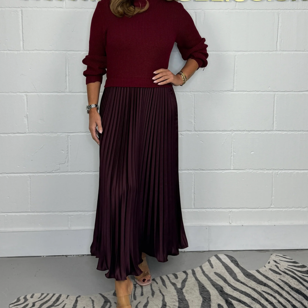 Soft Flowy Women’s Sweater Skirt Set - Pleated Maxi, Satin Wine - Tophatter Daily Deals