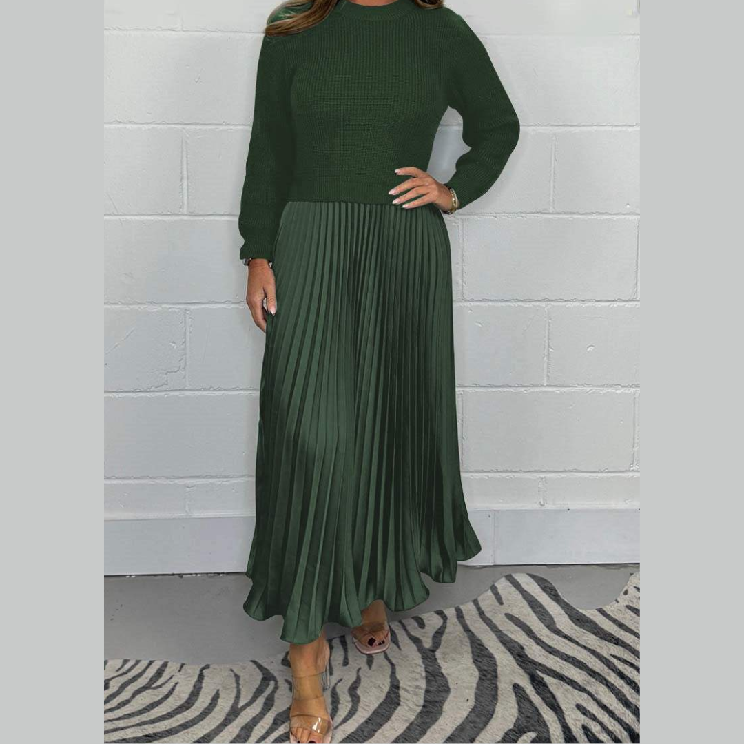 Soft Flowy Women’s Sweater Skirt Set - Pleated Maxi, Satin Green - Tophatter Daily Deals