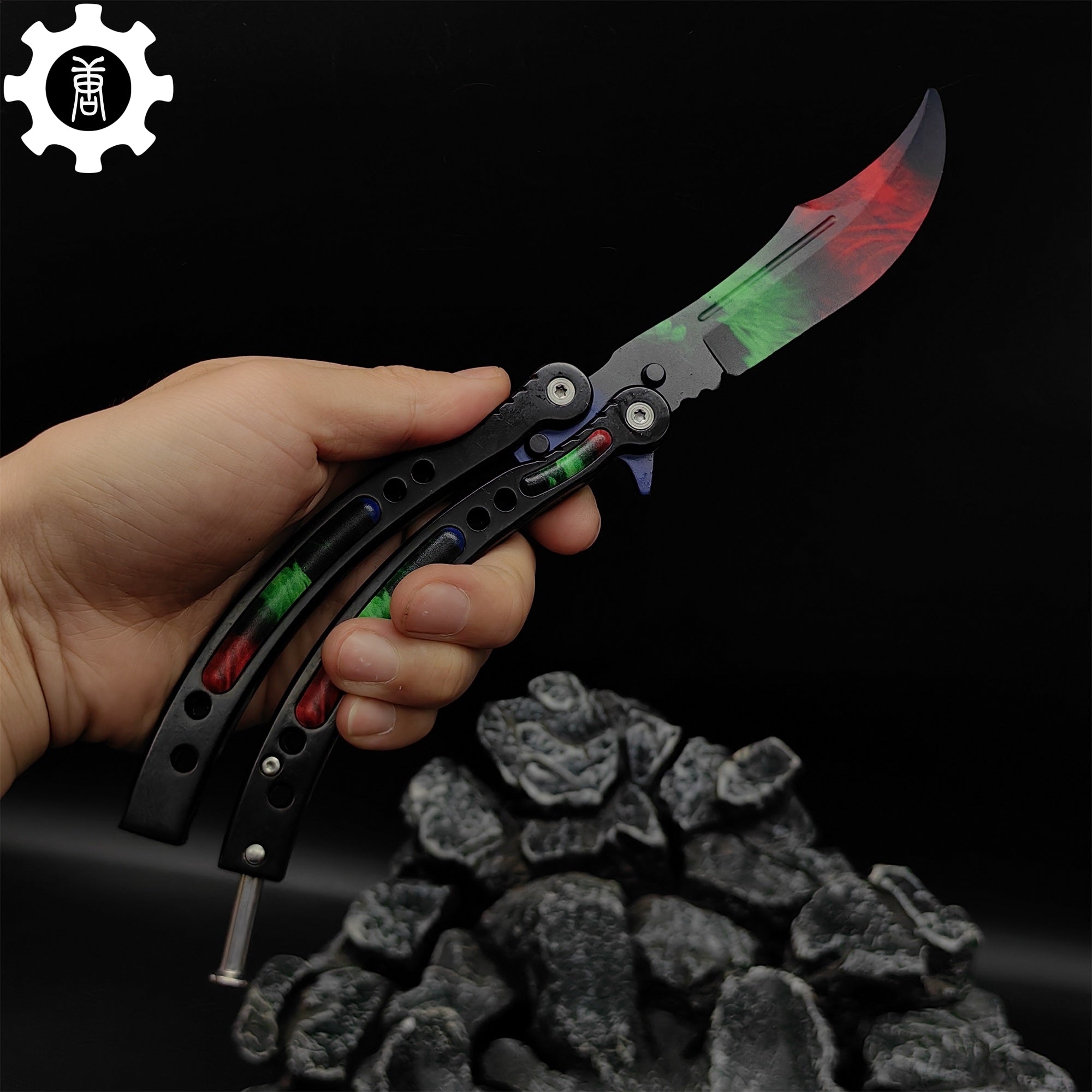 Game Butterfly Knife Green Red Pattern Metal Balisong Trainer - Tophatter Daily Deals