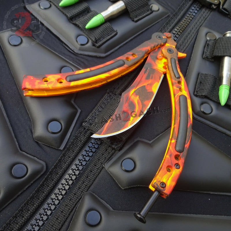 CSGO Blaze Flames Butterfly Knife TRAINER Dull PRACTICE Balisong Sharp Edge Knife-Balisong - Tophatter Daily Deals