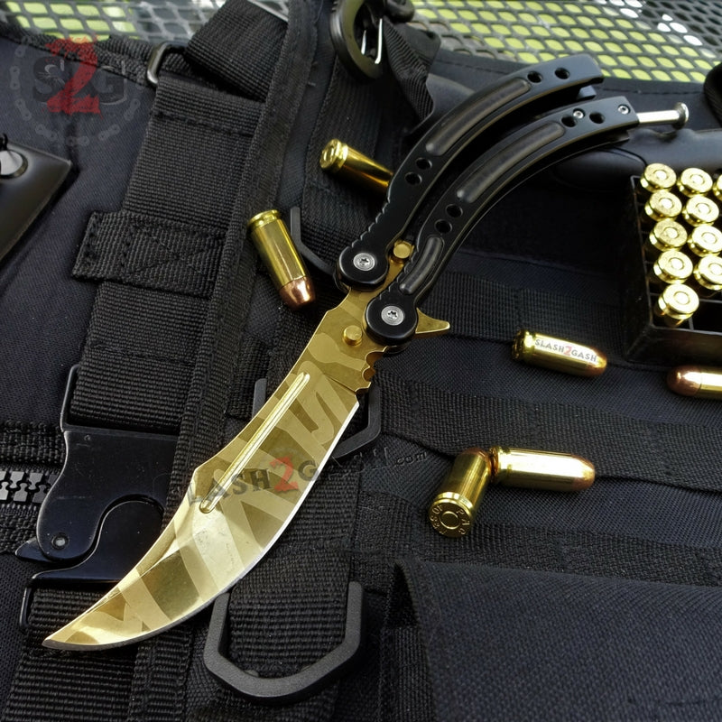 CSGO Gold Butterfly Knife SHARP Tiger Tooth 440C Counter Strike Balisong Knife-Balisong - Tophatter Daily Deals