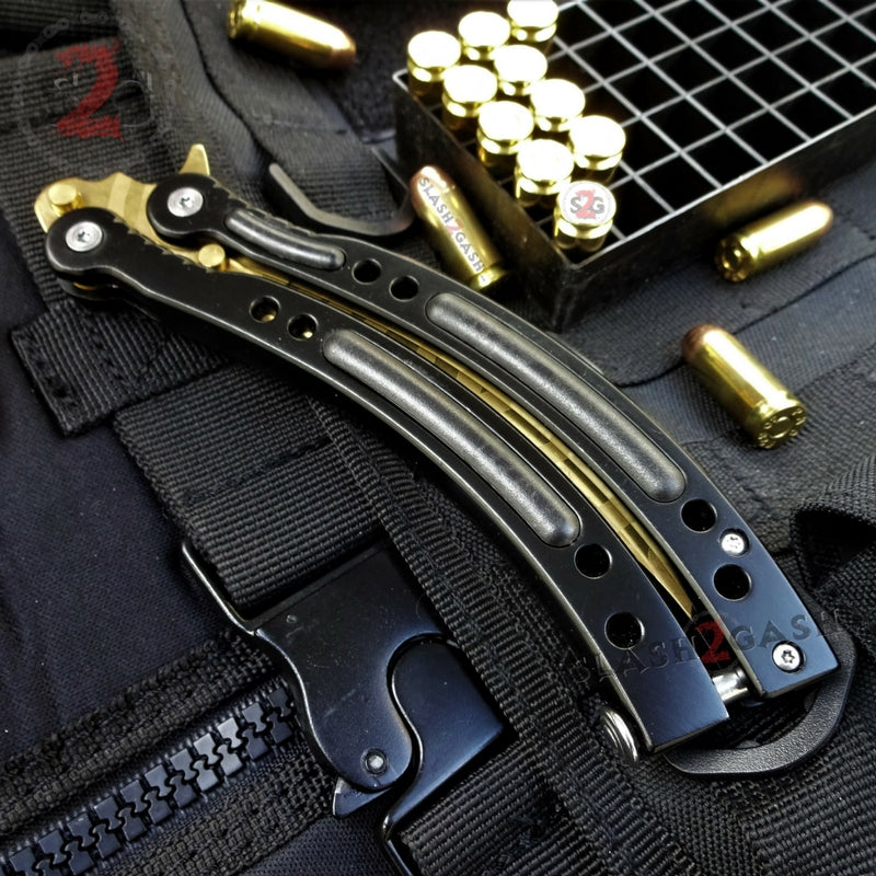 CSGO Gold Butterfly Knife SHARP Tiger Tooth 440C Counter Strike Balisong Trainer Dull - ready to sharpen Knife-Balisong - Tophatter Daily Deals