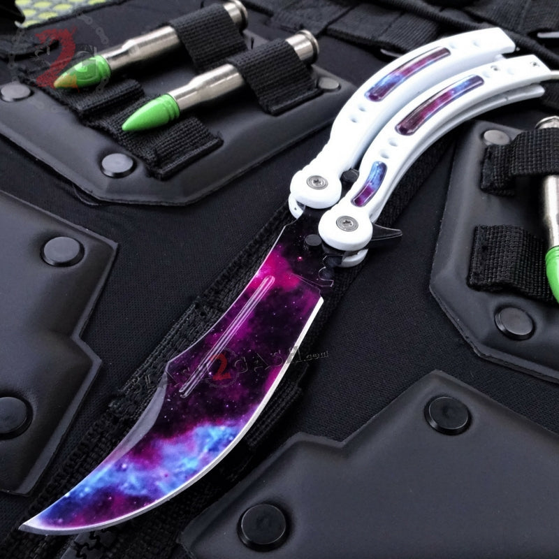 CSGO Galaxy Butterfly Knife TRAINER Dull Spring Latch PRACTICE Balisong White - Sharp Edge Knife-Balisong - Tophatter Daily Deals