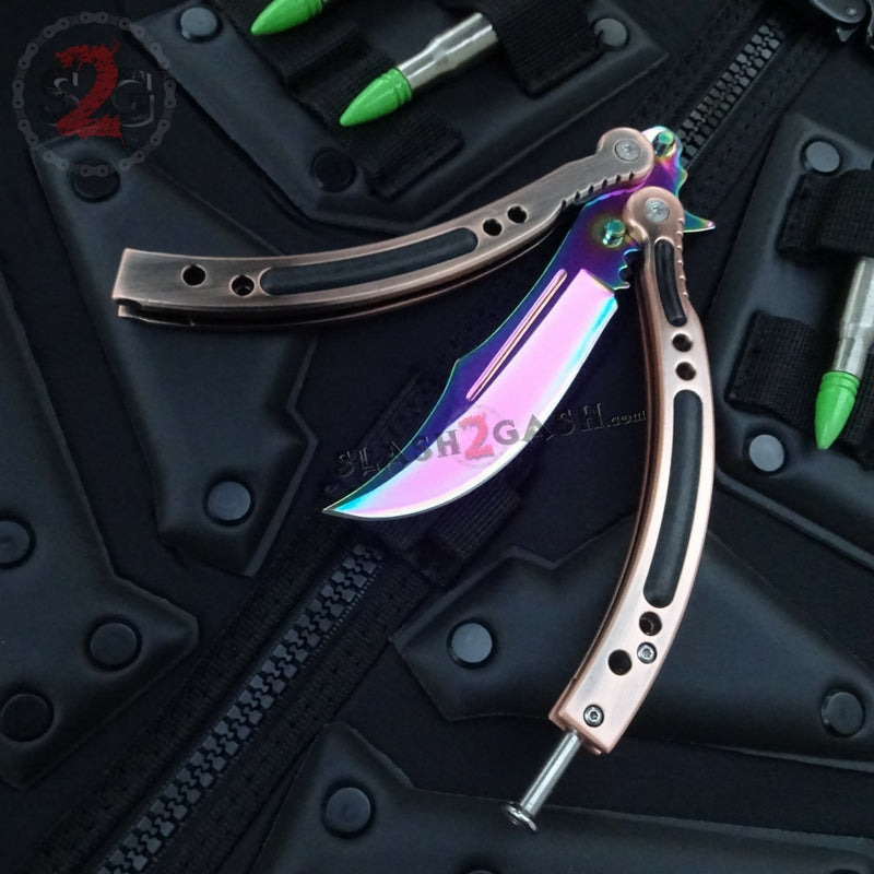 CSGO Rainbow Butterfly Knife TRAINER Bronze Dull PRACTICE Balisong Holes Sharp Edge Knife-Balisong - Tophatter Daily Deals