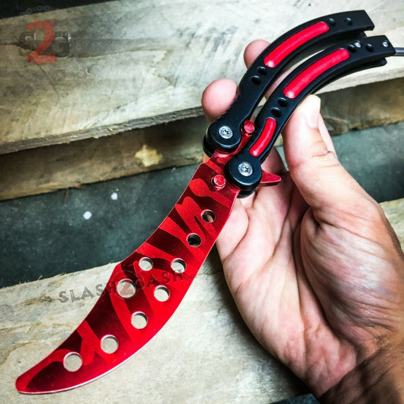 22 colors CSGO Butterfly Knife TRAINER Dull Spring Latch PRACTICE Balisong Red Slaughter w holes - can NOT sharpen Knife-Balisong - Tophatter Daily Deals