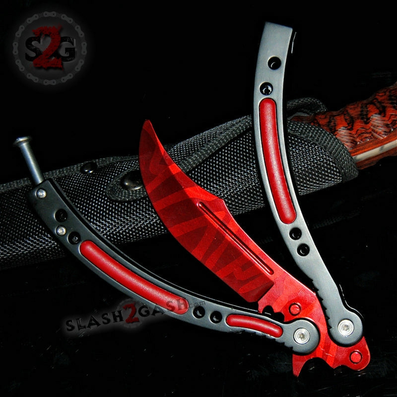 CSGO Red Slaughter Butterfly Knife TRAINER Dull PRACTICE Balisong Trainer Dull - Ready to Sharpen Knife-Balisong - Tophatter Daily Deals