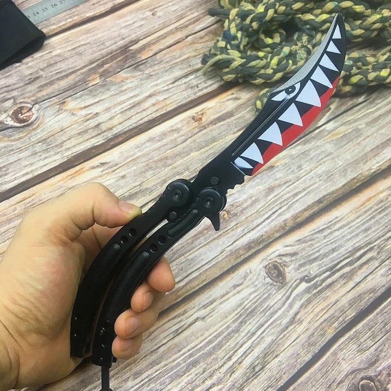 CSGO Spit Fire Butterfly Knife SHARP 440C Counter Strike Shark Balisong Trainer Dull - Black (ready to sharpen) Knife-Balisong - Tophatter Daily Deals