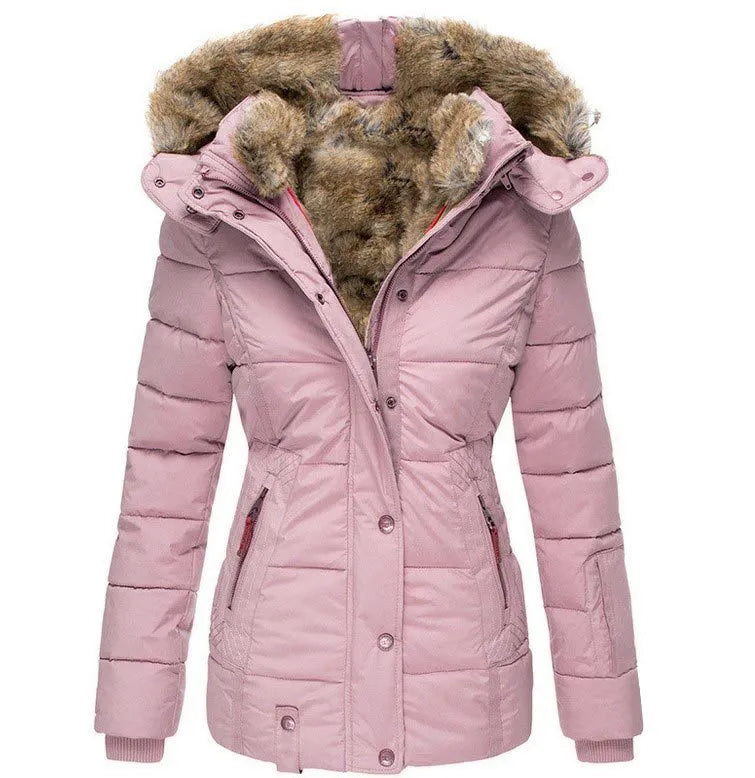 Warm Women’s Winter Coat - Quilted Midlength, Faux Fur Hood Pink - Tophatter Daily Deals