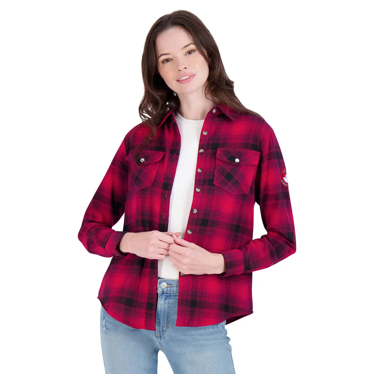 Canada Weather Gear Women's Vintage Plaid Double Pocket Shirt Red Black Long Sleeves - Tophatter Daily Deals