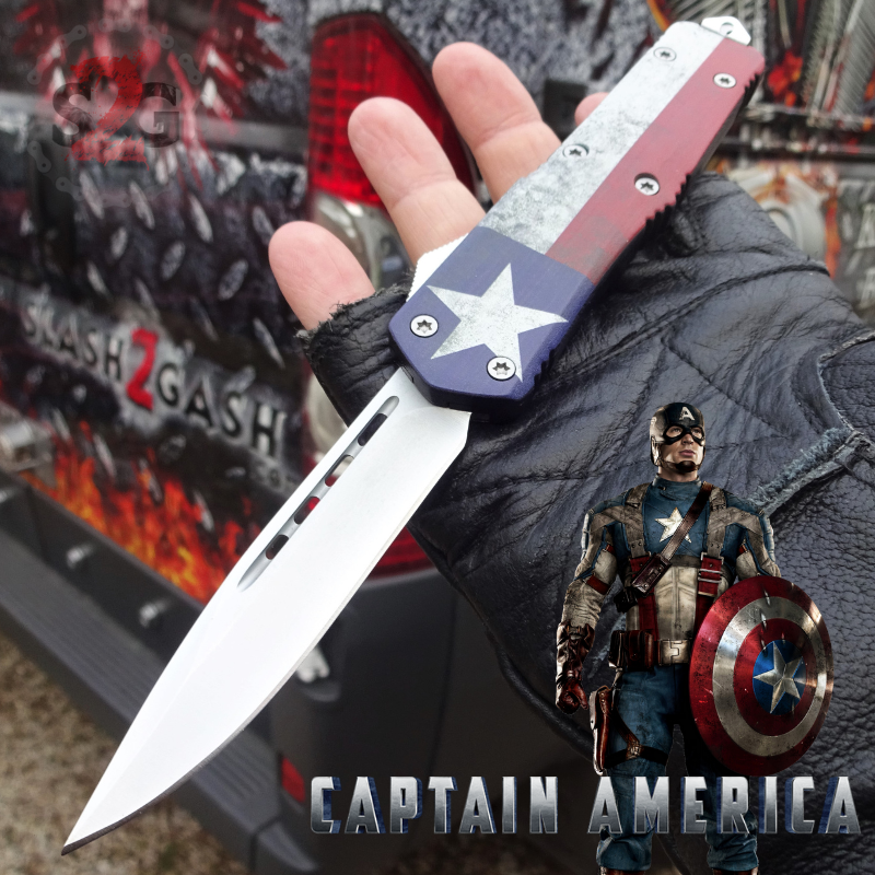 Captain America OTF Knife D/A Auto Switchblade *Limited Edtition* Single Edge Plain Knife-OTF - Tophatter Daily Deals