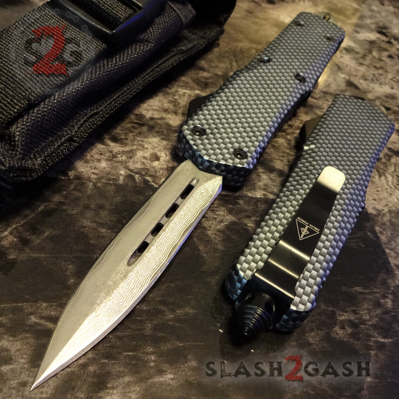 Carbon Fiber OTF Knife D/A Switchblade REAL Damascus - Dagger Plain Knife-OTF - Tophatter Daily Deals