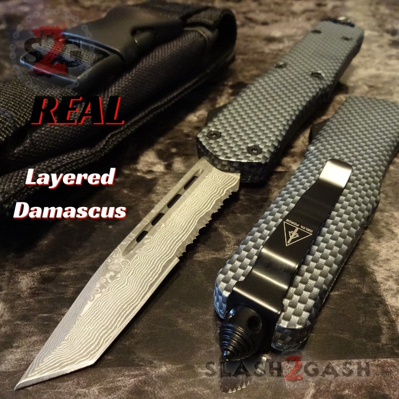Carbon Fiber OTF Knife D/A Switchblade REAL Layered Damascus - Tanto Ser Tanto Ser - Black Hardware Knife-OTF - Tophatter Daily Deals