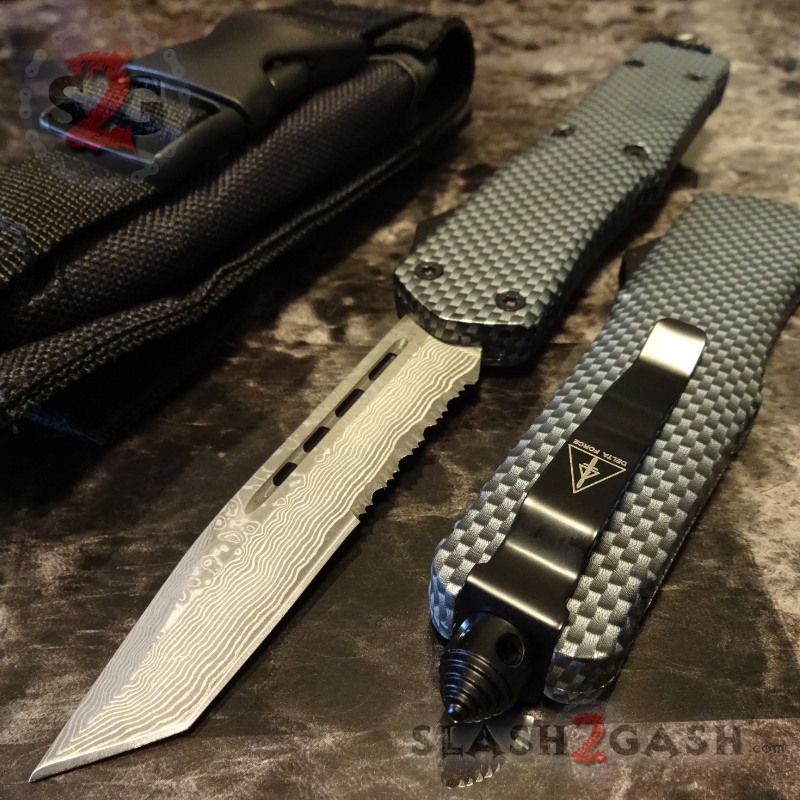 Carbon Fiber OTF Knife D/A Switchblade REAL Damascus - 6 Blades Knife-OTF - Tophatter Daily Deals