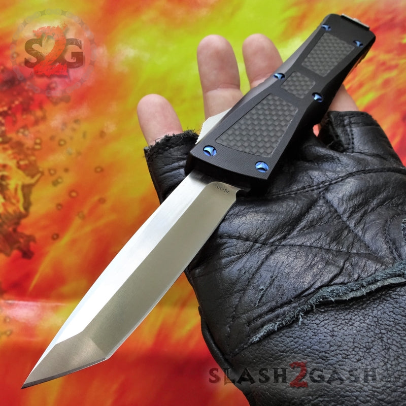 Dark Knight VG-10 OTF Knife CNC w/ Carbon Fiber - Tanto Blue Screws Blue Screws Knife-OTF - Tophatter Daily Deals