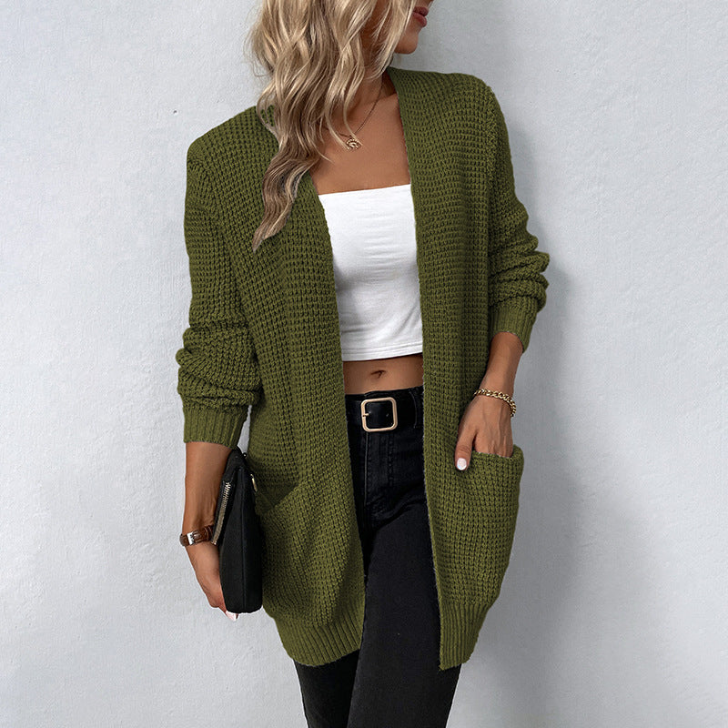 Warm Cozy Women’s Cardigan - Open Long Chunky Knit, Casual Green - Tophatter Daily Deals