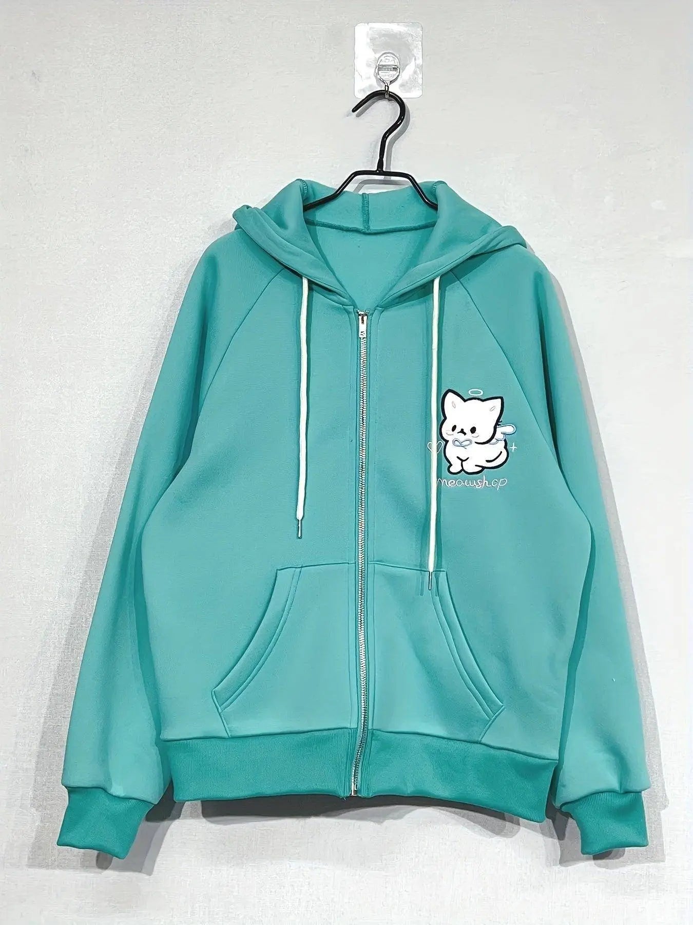 Cartoon Print Zip-up Hoodie Sweatshirt, Casual Long Raglan Sleeve Slant Pockets Drawstring Jacket For Fall & Winter, Women's Clothing - Tophatter Daily Deals