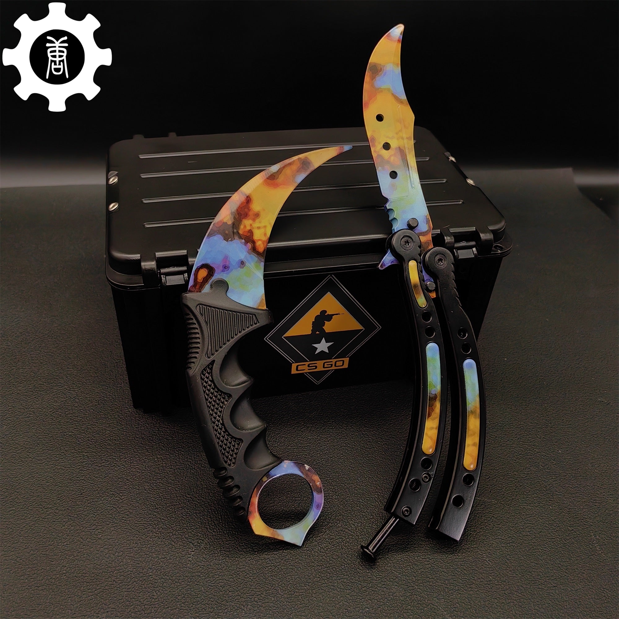 Case Hardened Blunt Blade Karambit & Butterfly Knife Weapon Case 2 Knives & Case - Tophatter Daily Deals